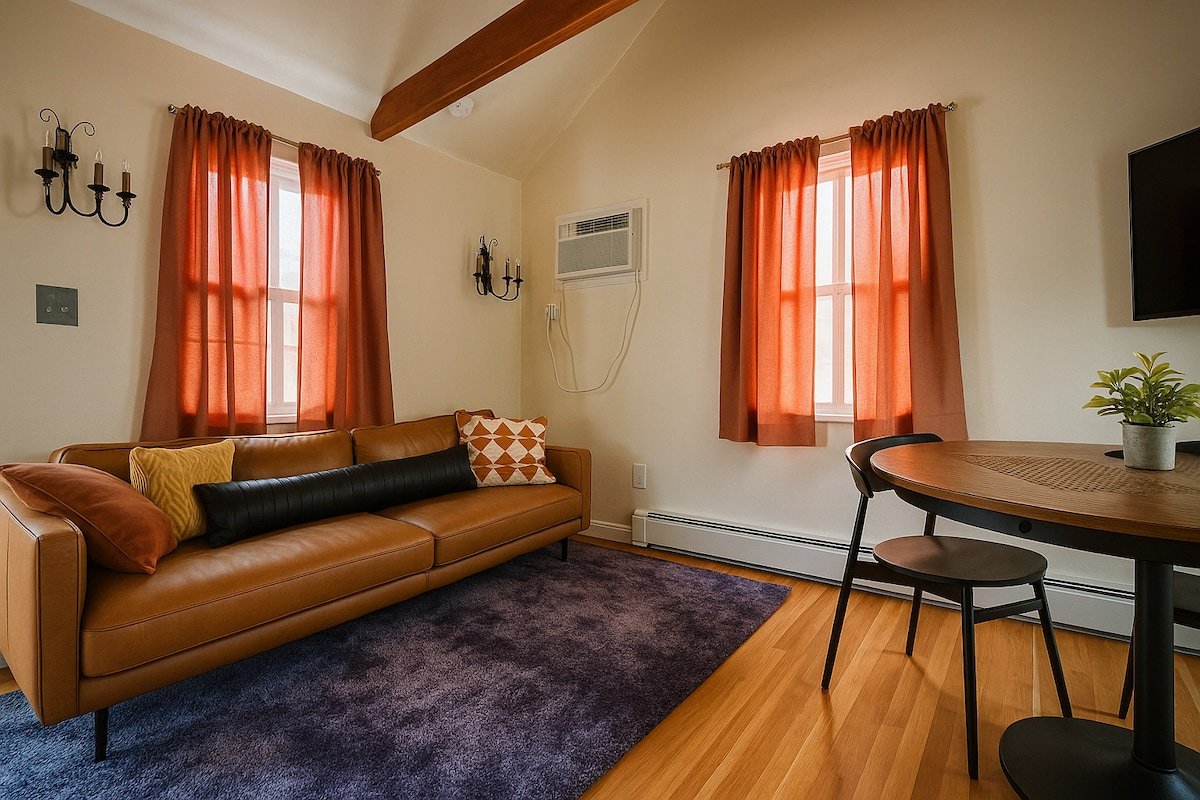 A-frame living space with vaulted ceiling inside Catskill Tiny Home in Ellenville