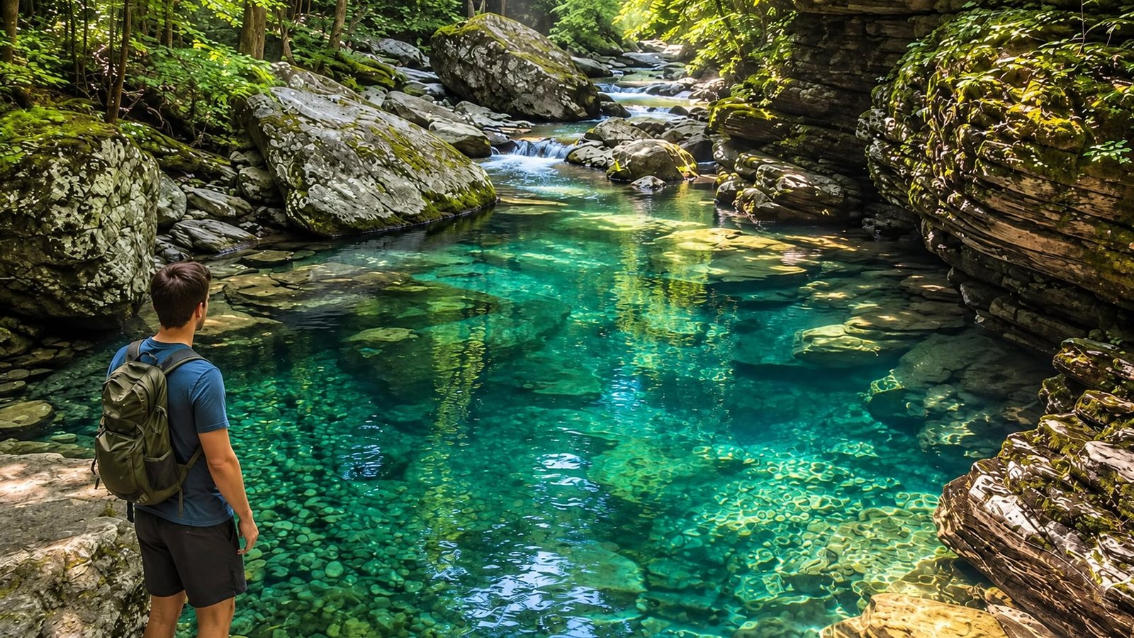 Man with backpack on rocky bank admiring a crystal clear turquoise river in a green forest, Hudson Valley.