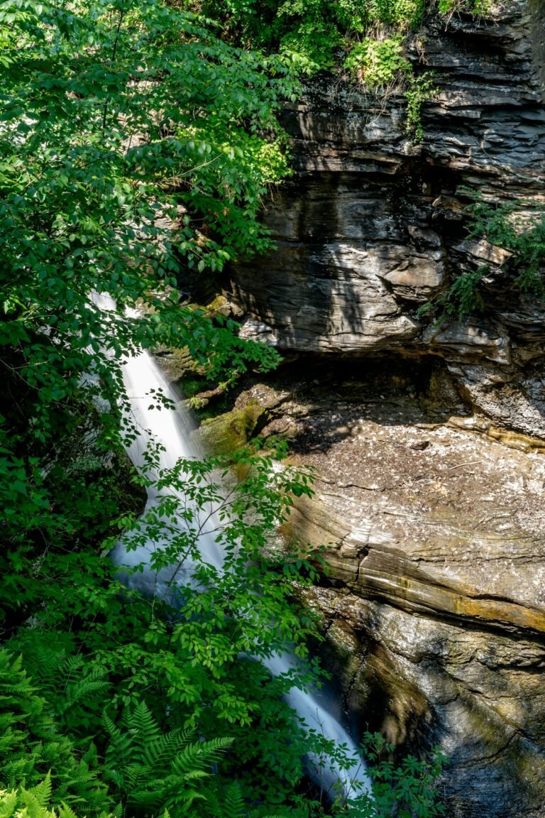 Illustrative Catskills waterfall cascading over layered rock, not necessarily Awosting Falls