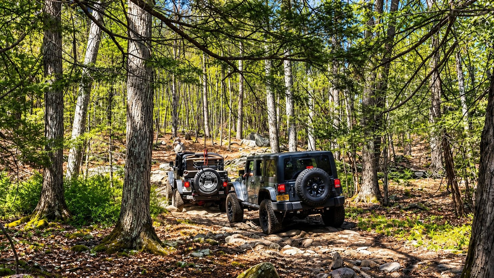 Two Jeeps driving on a rocky dirt trail through a lush green forest in the Hudson Valley.