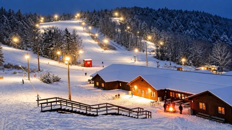 Snowy ski resort illuminated at night, representative winter scenery