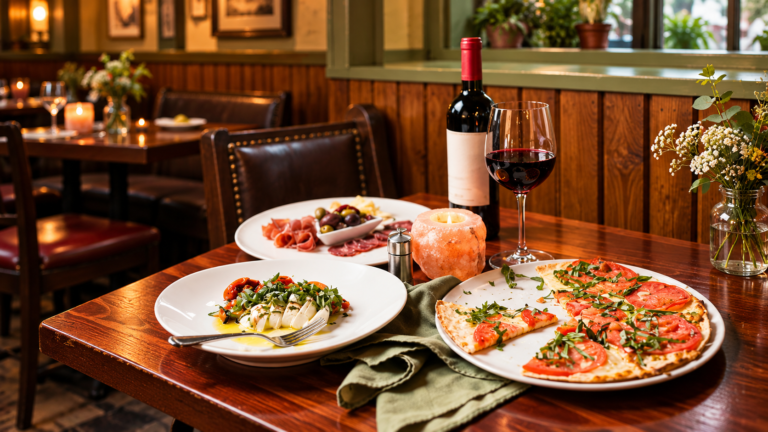 Restaurant table with food and red wine, illustrative Hudson Valley dining