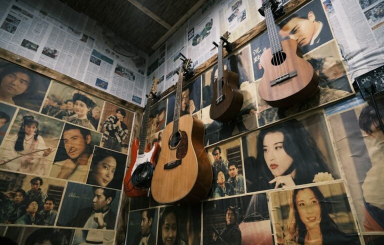 Illustrative music memorabilia display, not the Museum at Bethel Woods