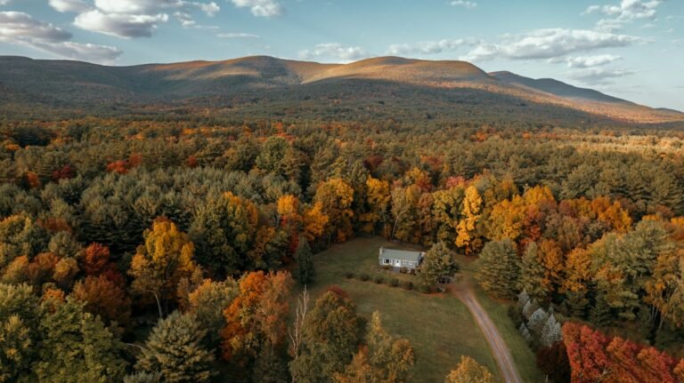 Illustrative catskills house surrounded by autumn trees; not a verified photograph of the named Hudson Valley destination