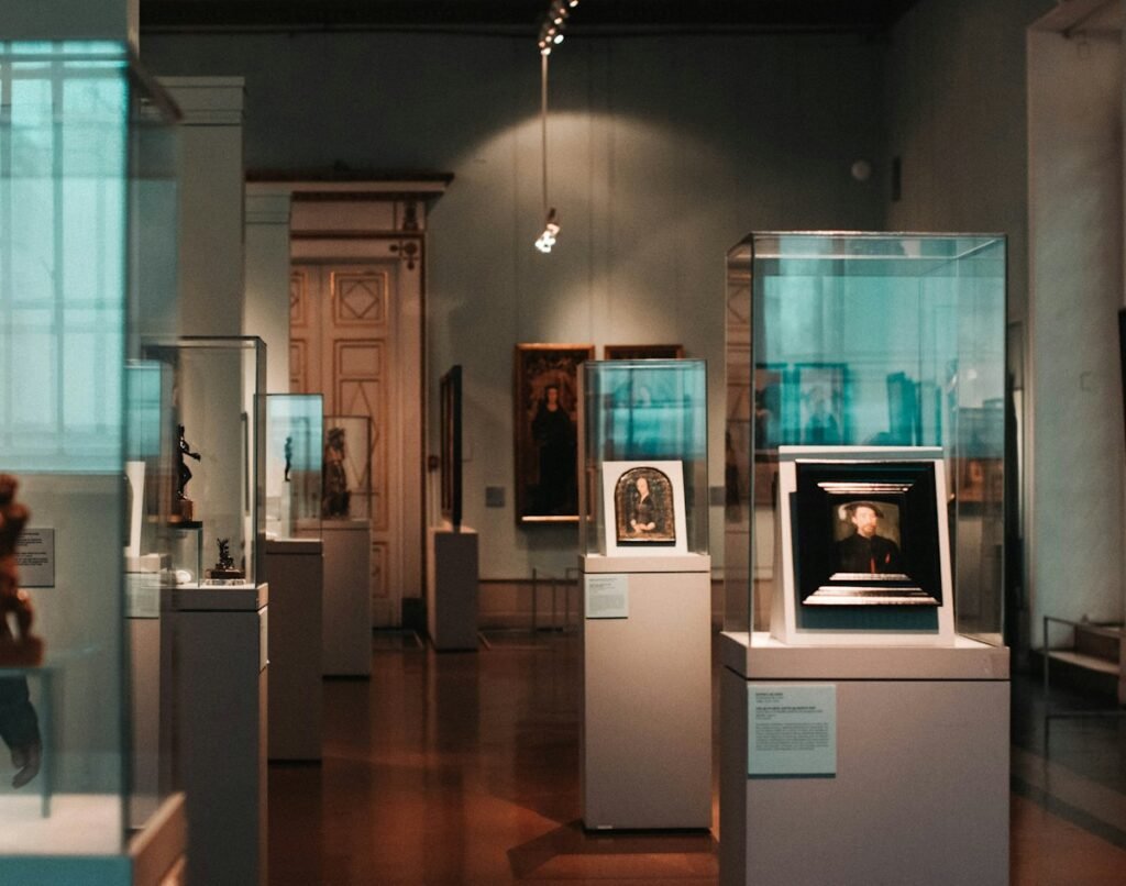 Illustrative museum gallery with historical display cases; not a specific Hudson Valley venue